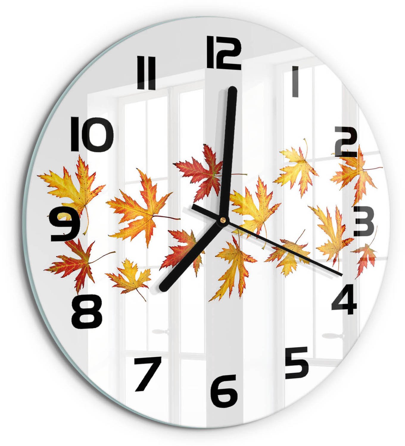 TULUP Wandklok - Herfstbladeren Wandklok Glas Met Motief - fi30 cm - Geel Decoratieve Glazen Klok - Zwarte handen - Ronde Klok - Gekleurde Glazen Klok - Glazen Klok Met Print
