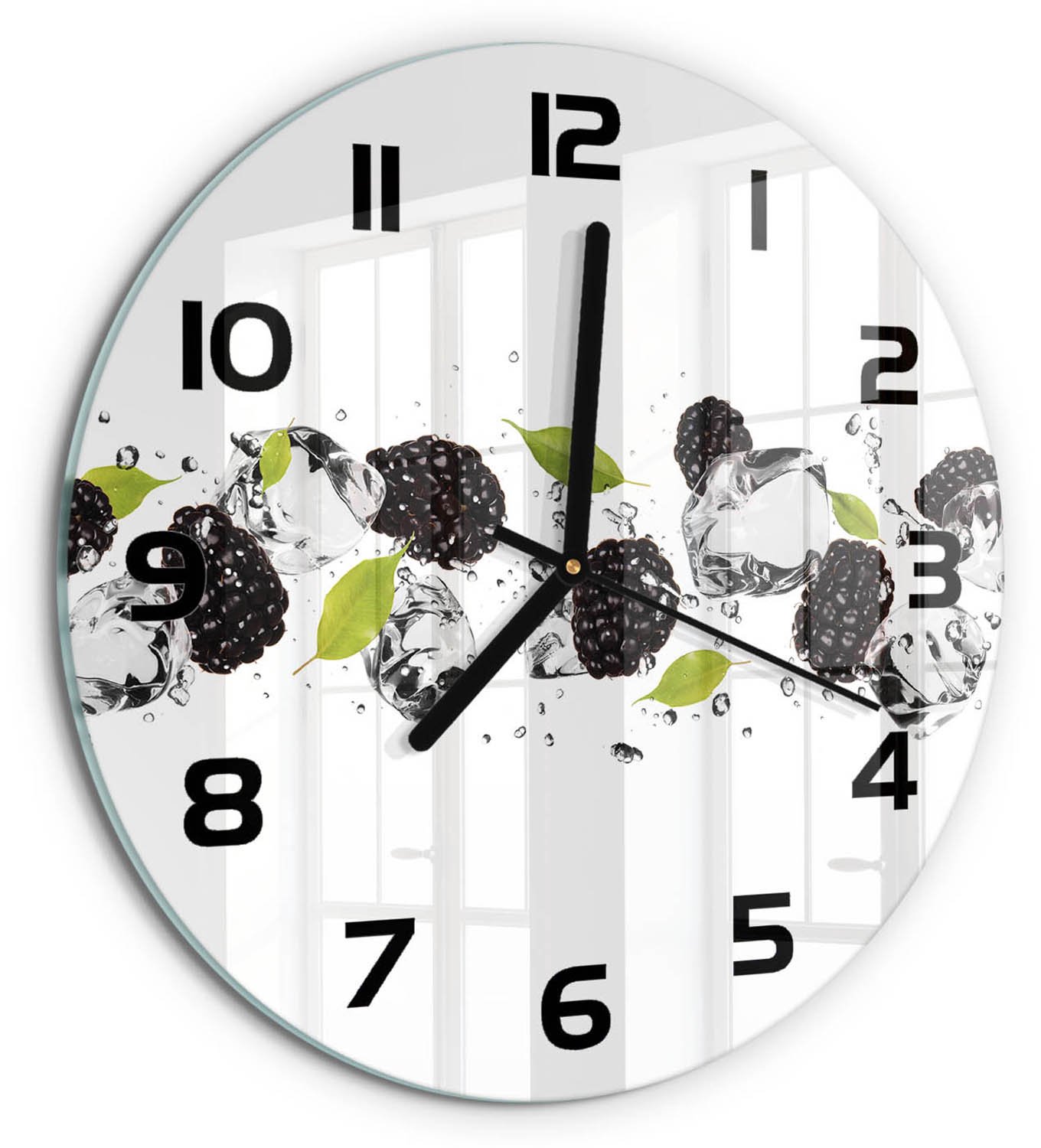 TULUP Wandklok - Zoete kersen en water Wandklok Glas Met Motief - fi30 cm - Zwart Decoratieve Glazen Klok - Zwarte handen - Ronde Klok - Gekleurde Glazen Klok - Glazen Klok Met Print