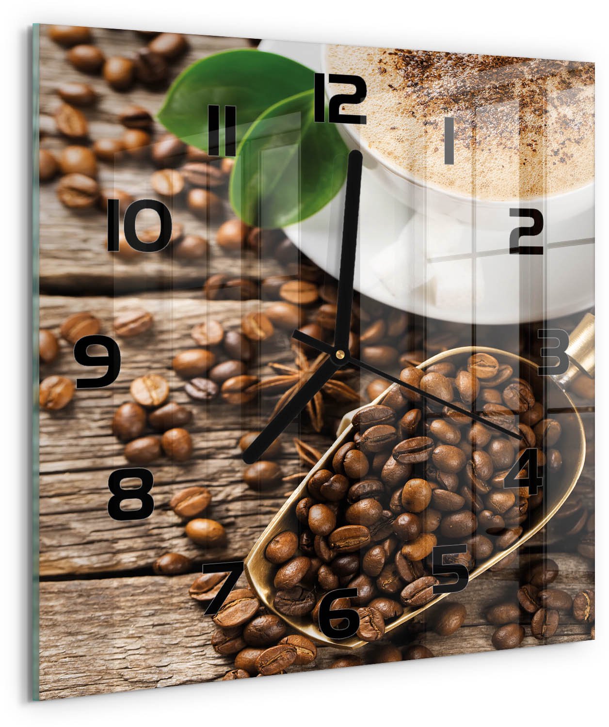 TULUP Wandklok - Koffie Moderne Wandklok Glas - 30x30 cm - Bruin Wandklok Glas Decoratie - Zwarte handen - Vierkante Klok - Glazen Wandklok Design - Klok Glas Met Opdruk