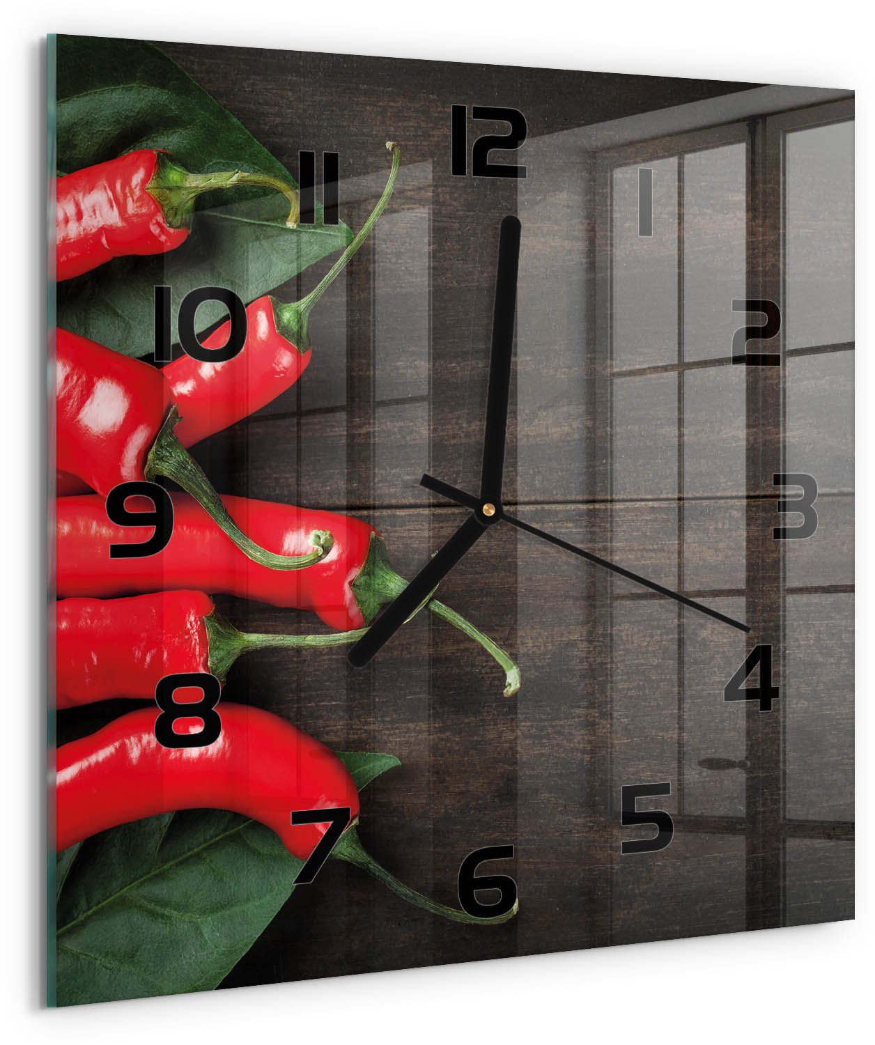 Tulup Wandklok - Chilipepers Wandklok Glas Met Motief - 30x30 cm - Rood Decoratieve Glazen Klok - Zwarte handen - Vierkante Klok - Gekleurde Glazen Klok - Glazen Klok Met Print