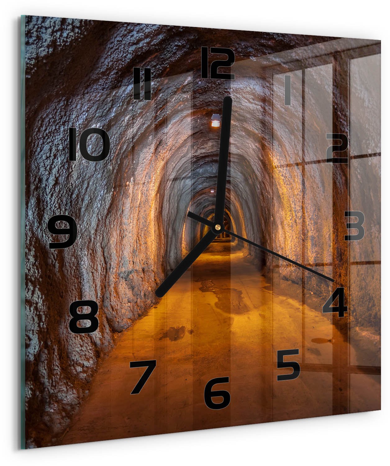 Tulup Wandklok - Ondergrondse tunnel Decoratieve Glazen Klok - 30x30 cm - Oranje Glazen Wandklok Design - Zwarte handen - Vierkante Klok - Glazen Klok Met Print - Wandklok Glas Met Motief