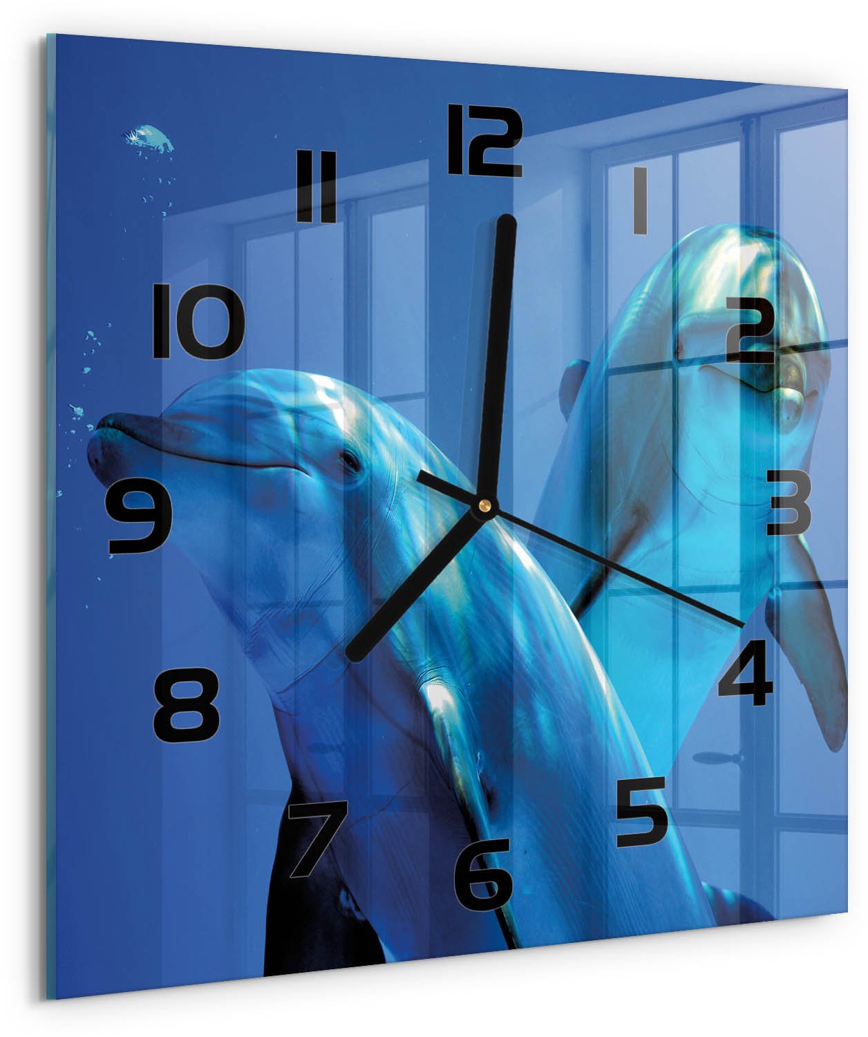 TULUP Wandklok - Twee dolfijnen Moderne Wandklok Glas - 30x30 cm - Blauw Wandklok Glas Decoratie - Zwarte handen - Vierkante Klok - Glazen Wandklok Design - Klok Glas Met Opdruk