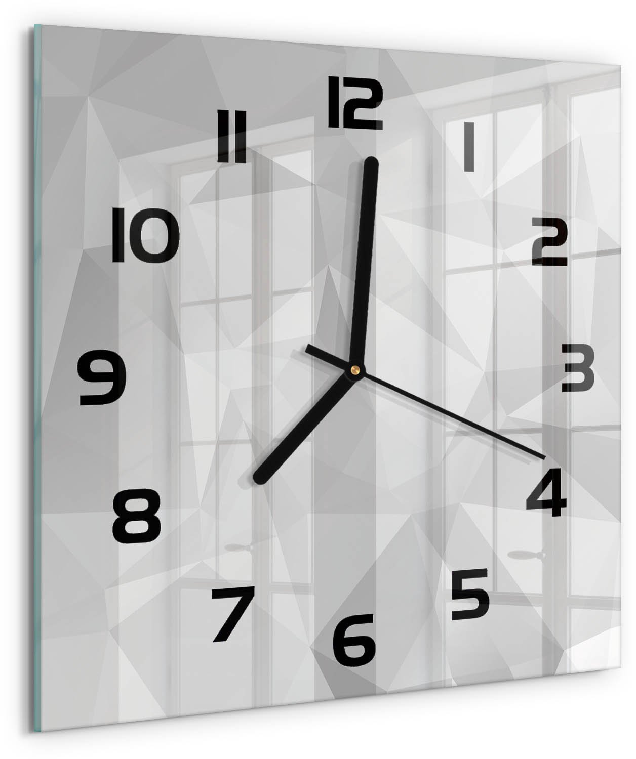 TULUP Wandklok - Driehoeken van abstractie Glazen Wandklok Design - 30x30 cm - Wit Klok Glas Met Opdruk - Zwarte handen - Vierkante Klok - Wandklok Glas Met Motief - Decoratieve Glazen Klok