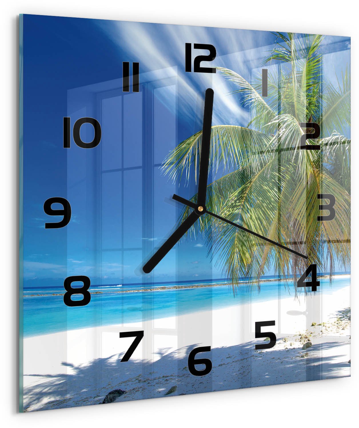 TULUP Wandklok - Tropisch strand Decoratieve Glazen Klok - 30x30 cm - Blauw Glazen Wandklok Design - Zwarte handen - Vierkante Klok - Glazen Klok Met Print - Wandklok Glas Met Motief