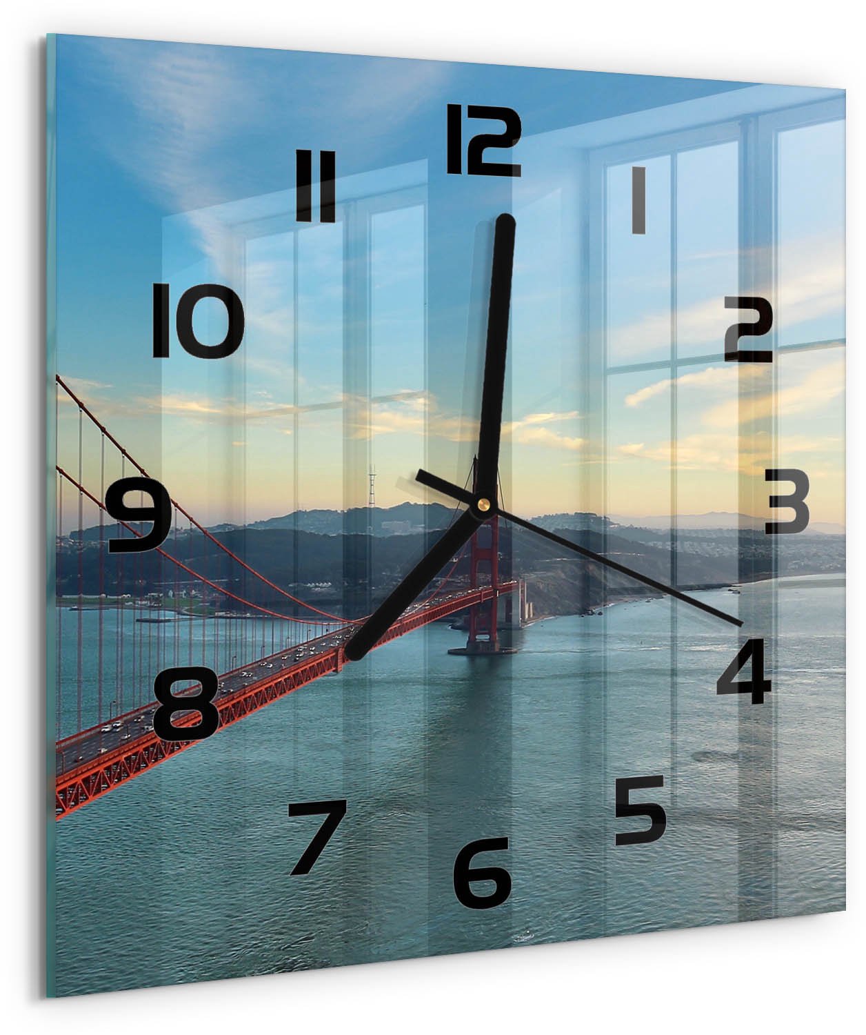 Tulup Wandklok - San Francisco-brug Gekleurde Glazen Klok - 30x30 cm - Rood Glazen Klok Met Print - Zwarte handen - Vierkante Klok - Moderne Wandklok Glas - Wandklok Glas Decoratie