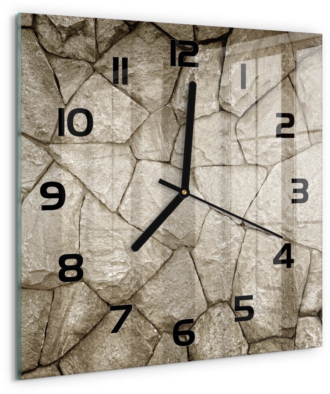 TULUP Wandklok - Stenen muur Moderne Wandklok Glas - 30x30 cm - Beige Wandklok Glas Decoratie - Zwarte handen - Vierkante Klok - Glazen Wandklok Design - Klok Glas Met Opdruk