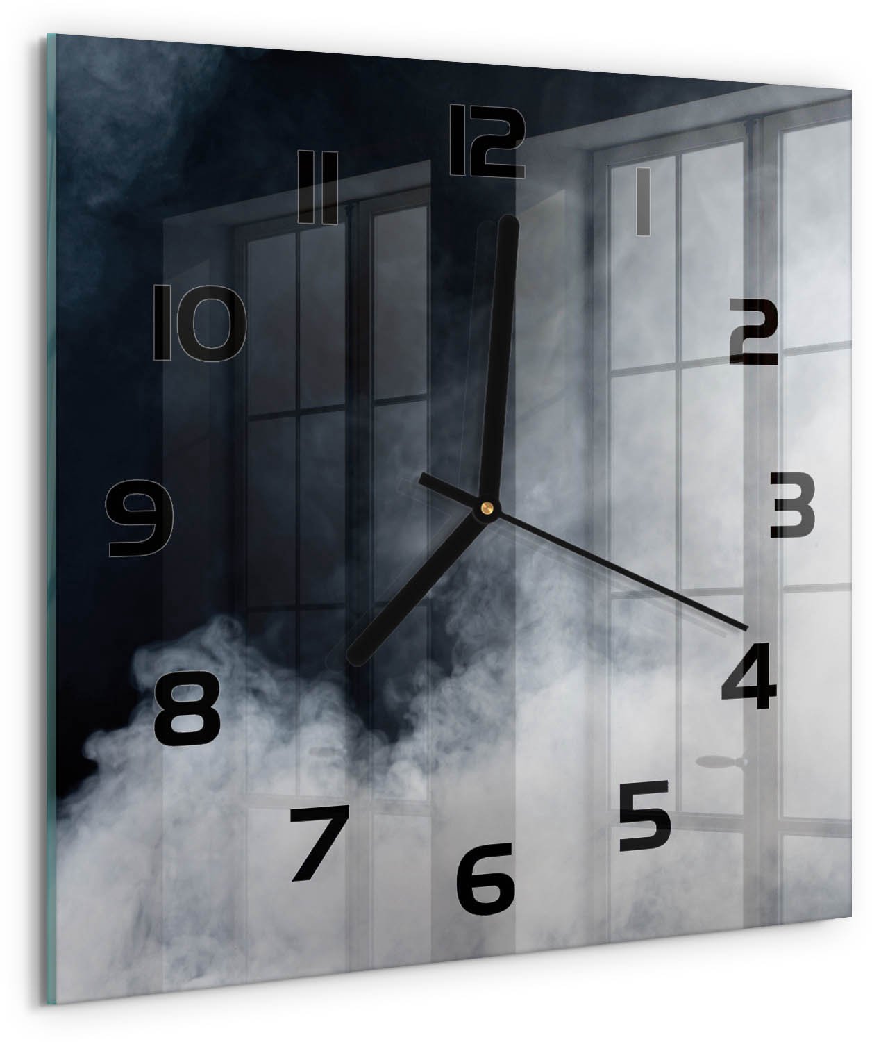TULUP Wandklok - Witte rook Wandklok Glas Met Motief - 30x30 cm - zwart Decoratieve Glazen Klok - Zwarte handen - Vierkante Klok - Gekleurde Glazen Klok - Glazen Klok Met Print