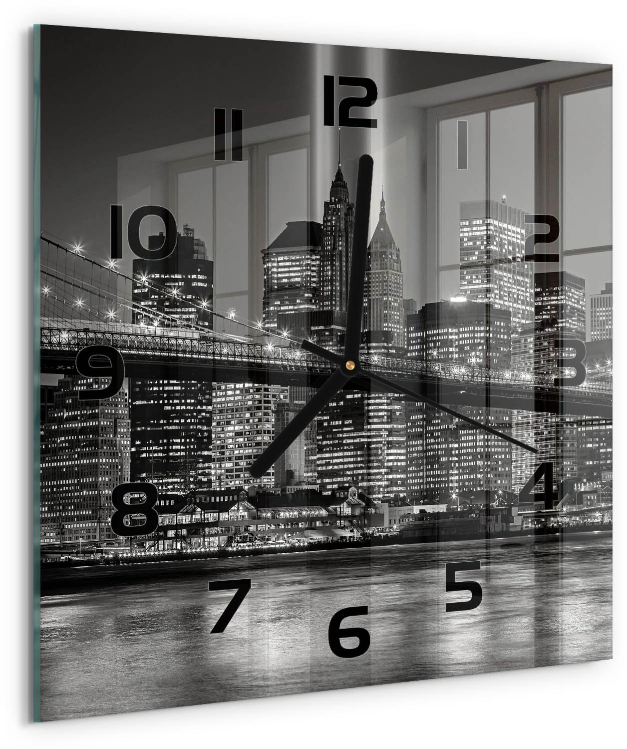 Tulup Wandklok - Manhattan, New York Wandklok Glas Decoratie - 30x30 cm - Zwart-wit Gekleurde Glazen Klok - Zwarte handen - Vierkante Klok - Klok Glas Met Opdruk - Moderne Wandklok Glas