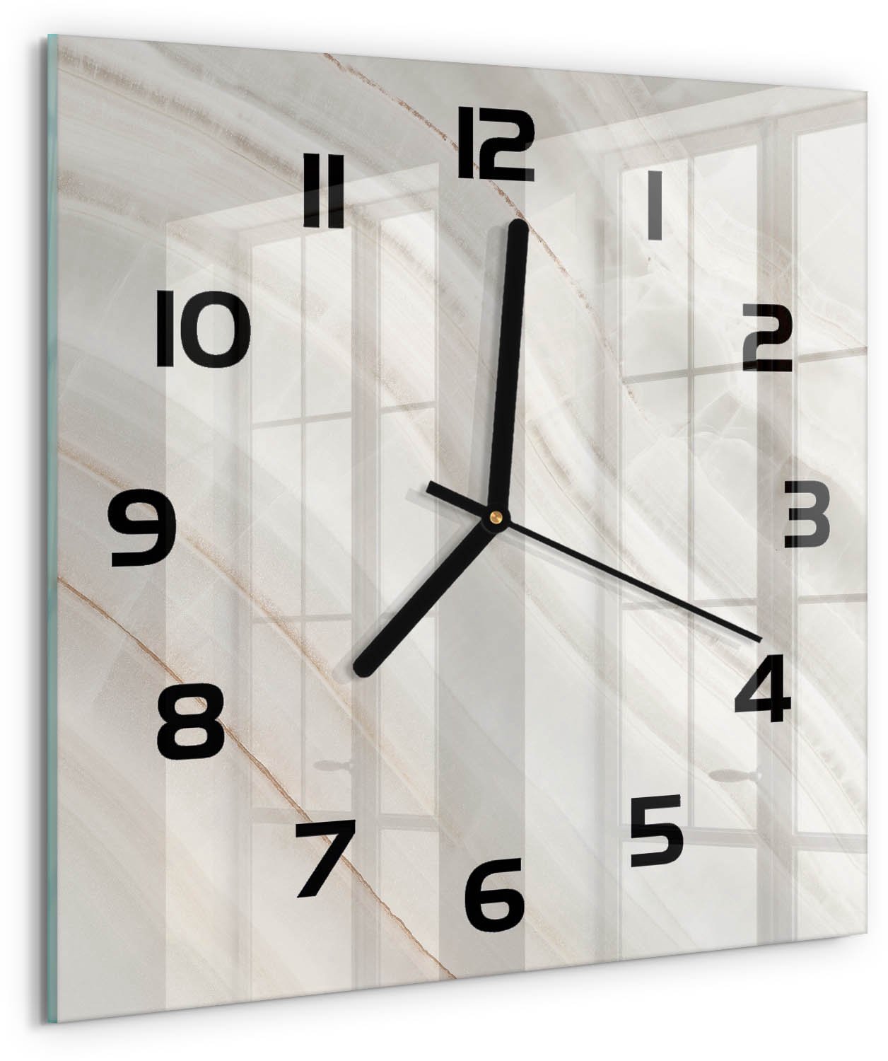 TULUP Wandklok - Marmertextuur Glazen Klok Met Print - 30x30 cm - Beige Wandklok Glas Met Motief - Zwarte handen - Vierkante Klok - Wandklok Glas Decoratie - Gekleurde Glazen Klok