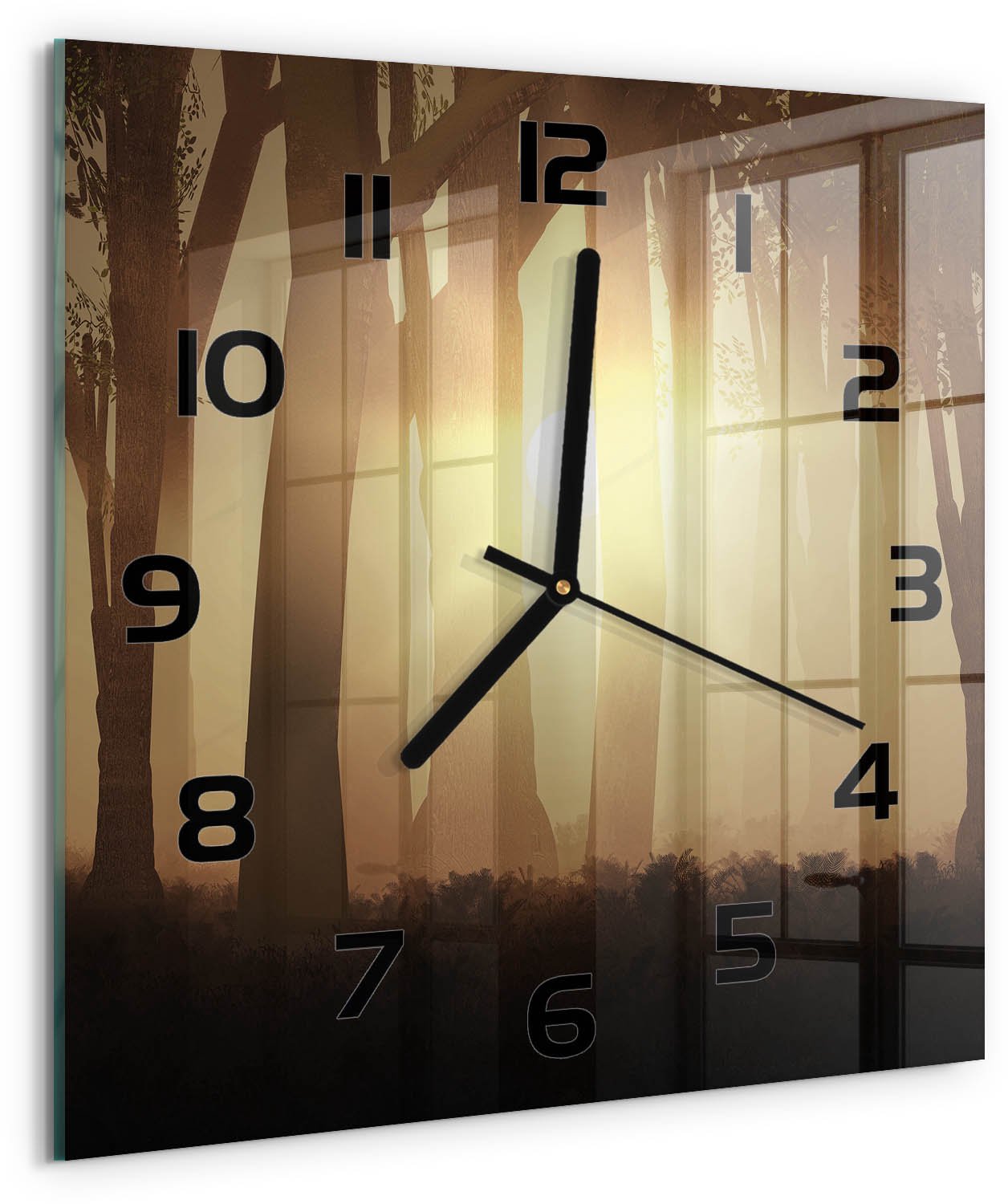 TULUP Wandklok - Mist in het bos Klok Glas Met Opdruk - 30x30 cm - Bruin Moderne Wandklok Glas - Zwarte handen - Vierkante Klok - Decoratieve Glazen Klok - Glazen Wandklok Design