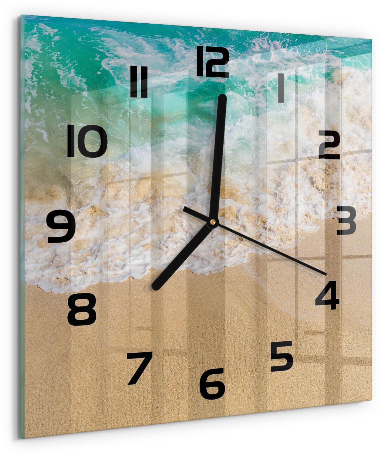 Tulup Wandklok - Strand en zee Glazen Wandklok Design - 30x30 cm - Blauw Klok Glas Met Opdruk - Zwarte handen - Vierkante Klok - Wandklok Glas Met Motief - Decoratieve Glazen Klok