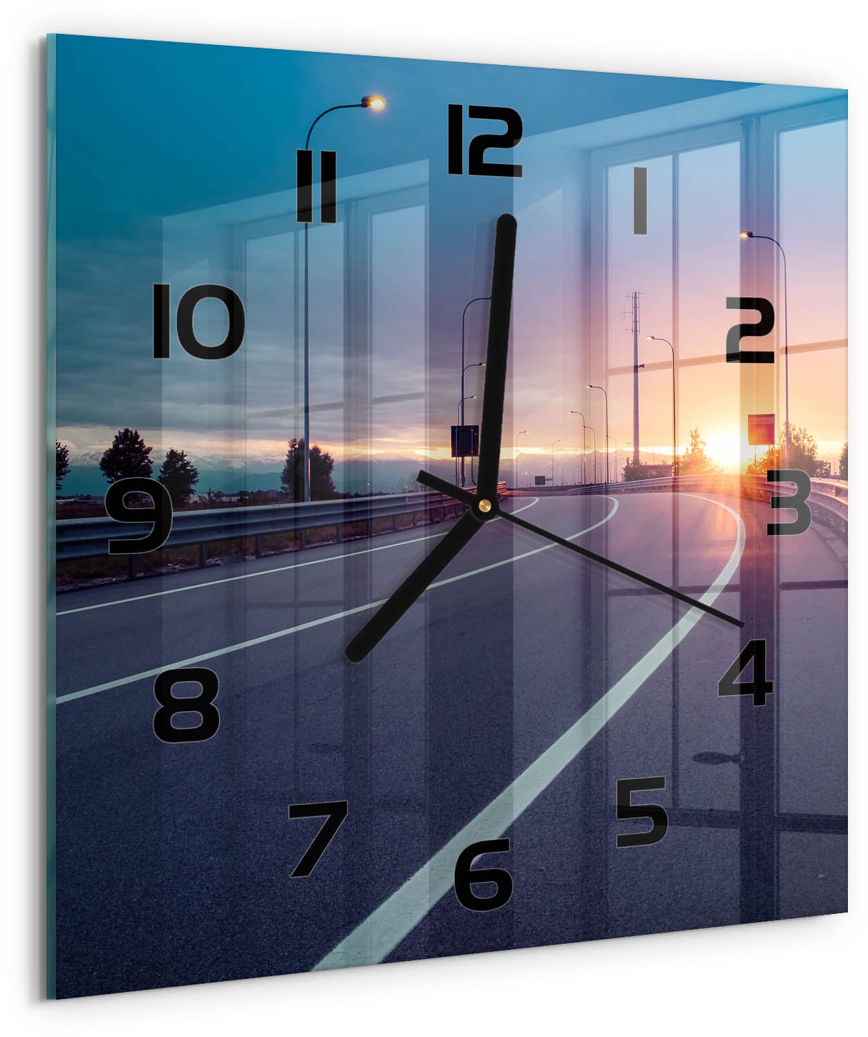 TULUP Wandklok - Snelweg Wandklok Glas Met Motief - 30x30 cm - Veelkleurig Decoratieve Glazen Klok - Zwarte handen - Vierkante Klok - Gekleurde Glazen Klok - Glazen Klok Met Print