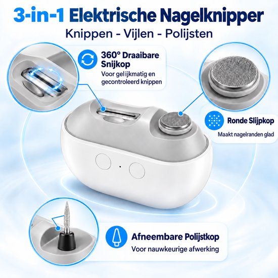3-in-1 elektrische nagelknipper met 360 graden snijkop, ronde slijpkop en afneembare polijstkop.
