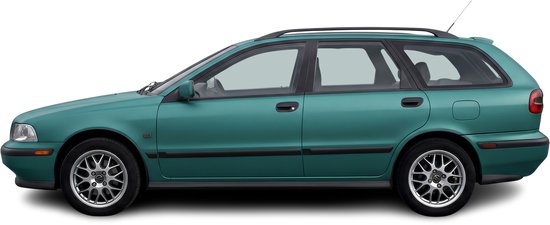Groene Volvo V40 stationwagen, profiel, zwarte sierstrips, lichtmetalen velgen.
