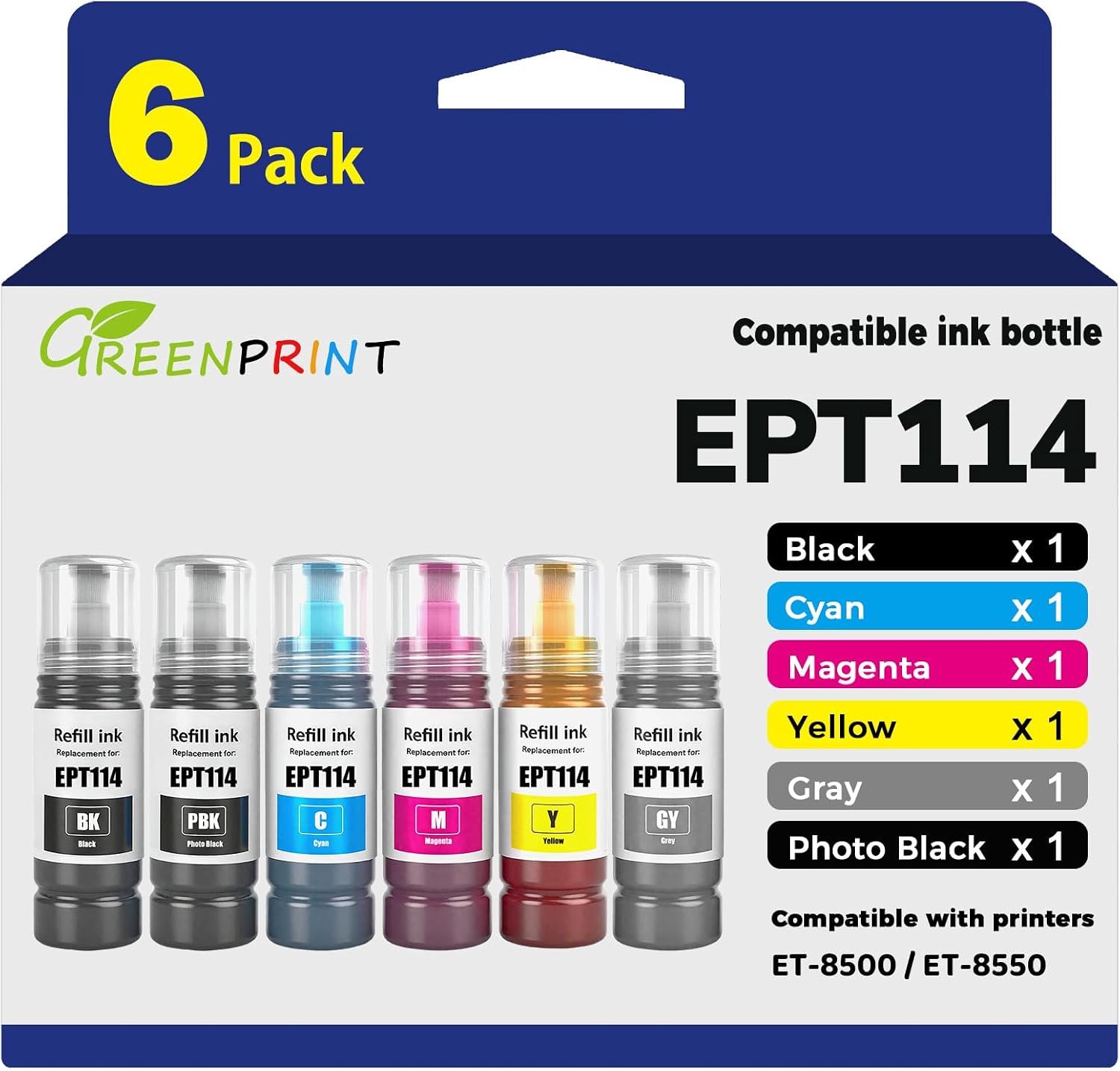 Inktflessen refillset 6 kleuren - EPT114 compatibel - voor ET-8500 ET-8550 - hoogwaardige navulling - ShopVlot