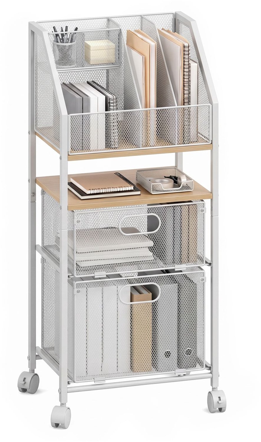 SureDeal® - Opbergrek - Rollende Boekenwagen Metaal - Wielen Wagen - Pennenhouders Vakken - Lades Kantoorwagen Opbergwagen - 37x26x84 cm - Wit