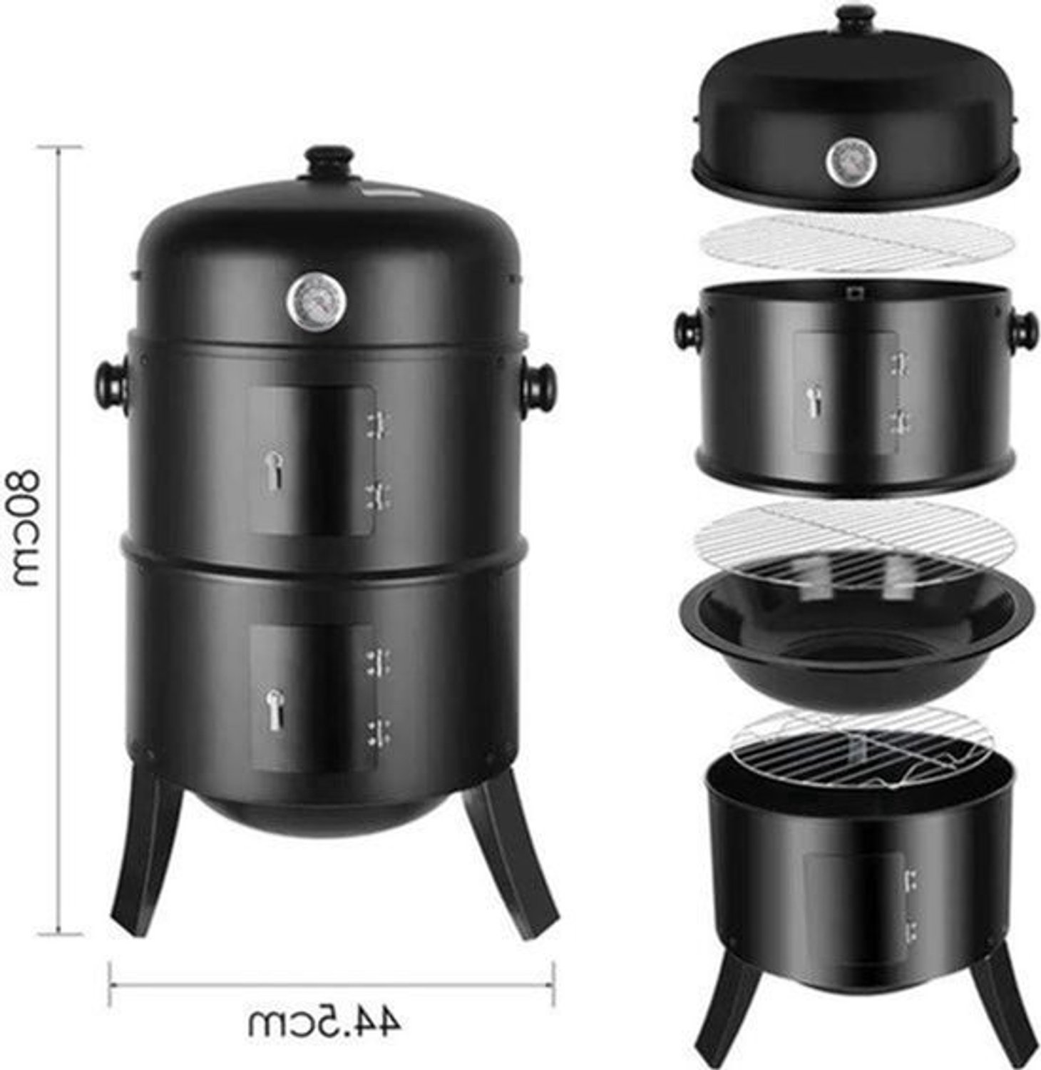 BBQ - BBQ Houtskool - Smoker - 3-in-1 - Ø45cm - Verticale - Barbecue - met Thermometer, Deksel en 2 Roestvrijstalen Roosters – Klassiek Model voor Buiten - Rookoven - Ronde
