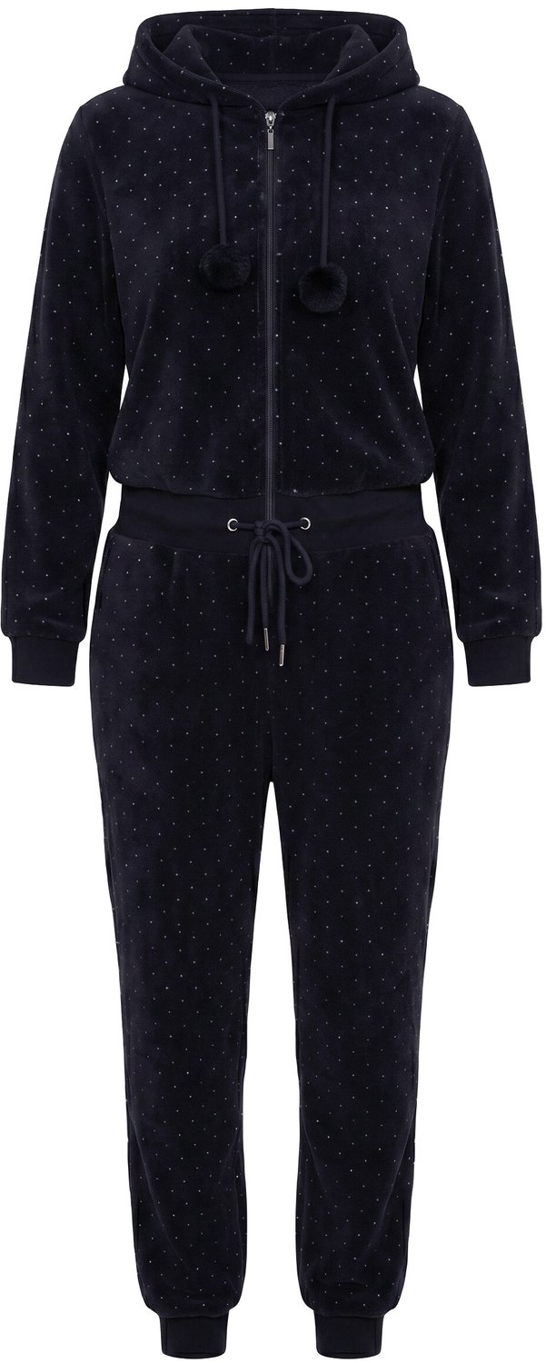 Ulla Popken - Dames - Homewear overall pluche stippen capuchon lange mouwen - Zwart - Maat 50+