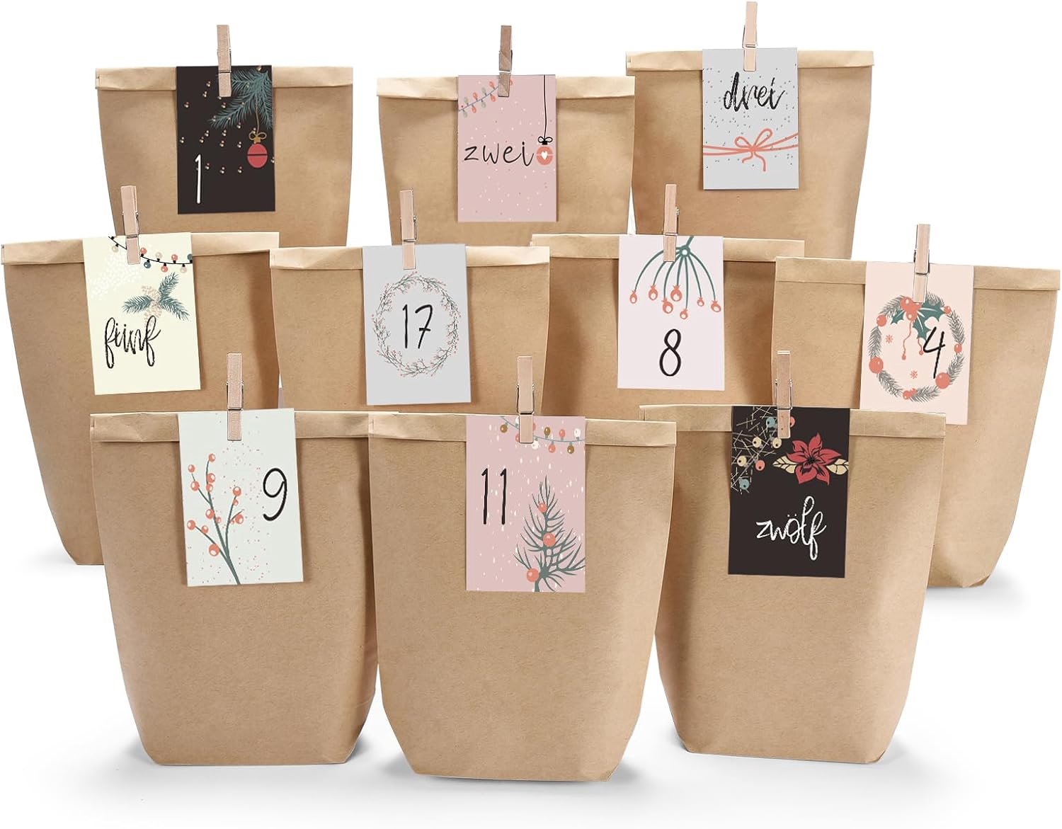 Adventskalender voor vullen - 24 kerstkalenderzakjes van kraftpapier - vul zelf met cadeautjes - Vemera