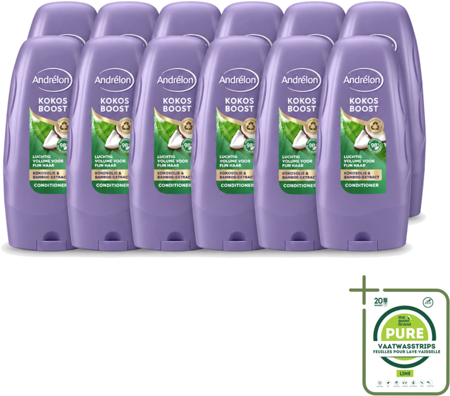 12 x Andrélon - Kokos Boost - Conditioner - Intensieve Voeding - 250 ml - Grootverpakking - Vaatwasstrips - Conditioner Voor Fijn Haar - Kokosolie Conditioner - Volume Voor Haar - Voeding Voor Haar - Bamboe-extract Conditioner