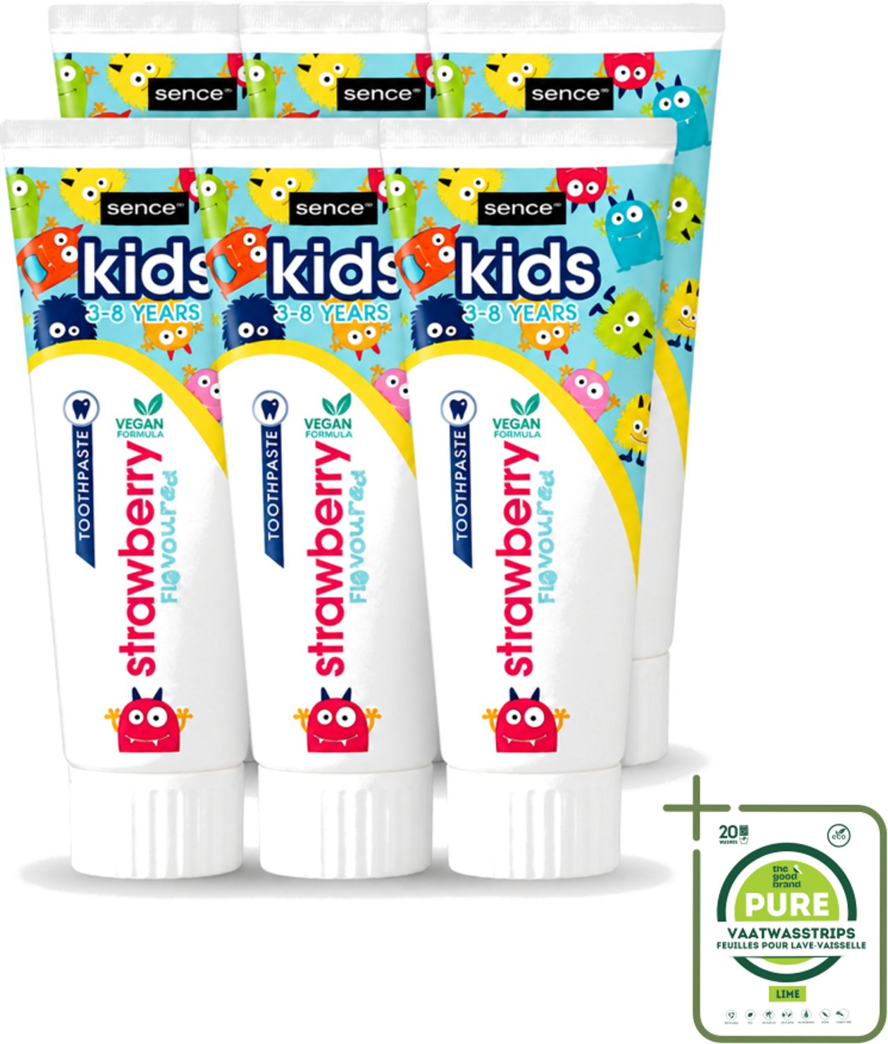 6 x Sence - Kids 3-8 Jaar - Tandpasta - Aardbei Smaak - Vegan - 75 ml - Grootverpakking - Vaatwasstrips - Tandpasta Voor Kinderen - Kindertandpasta - Aardbei Tandpasta - Vegan Tandpasta - Tandenpoetsen Voor Kinderen
