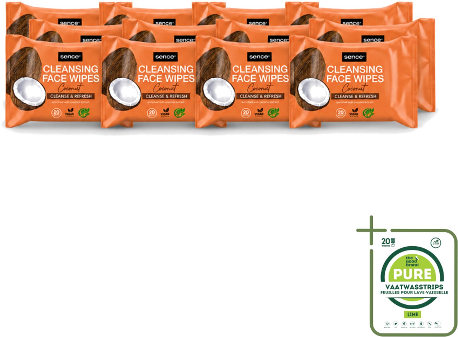 12 x Sence - Coconut - Gezichtsreinigingsdoekjes - Verzorgend - 20 Doekjes - Grootverpakking - Vaatwasstrips - Gezichtsreinigingsdoekjes - Kokos - Huidverzorging - Make-up Verwijderen - Hydrateren