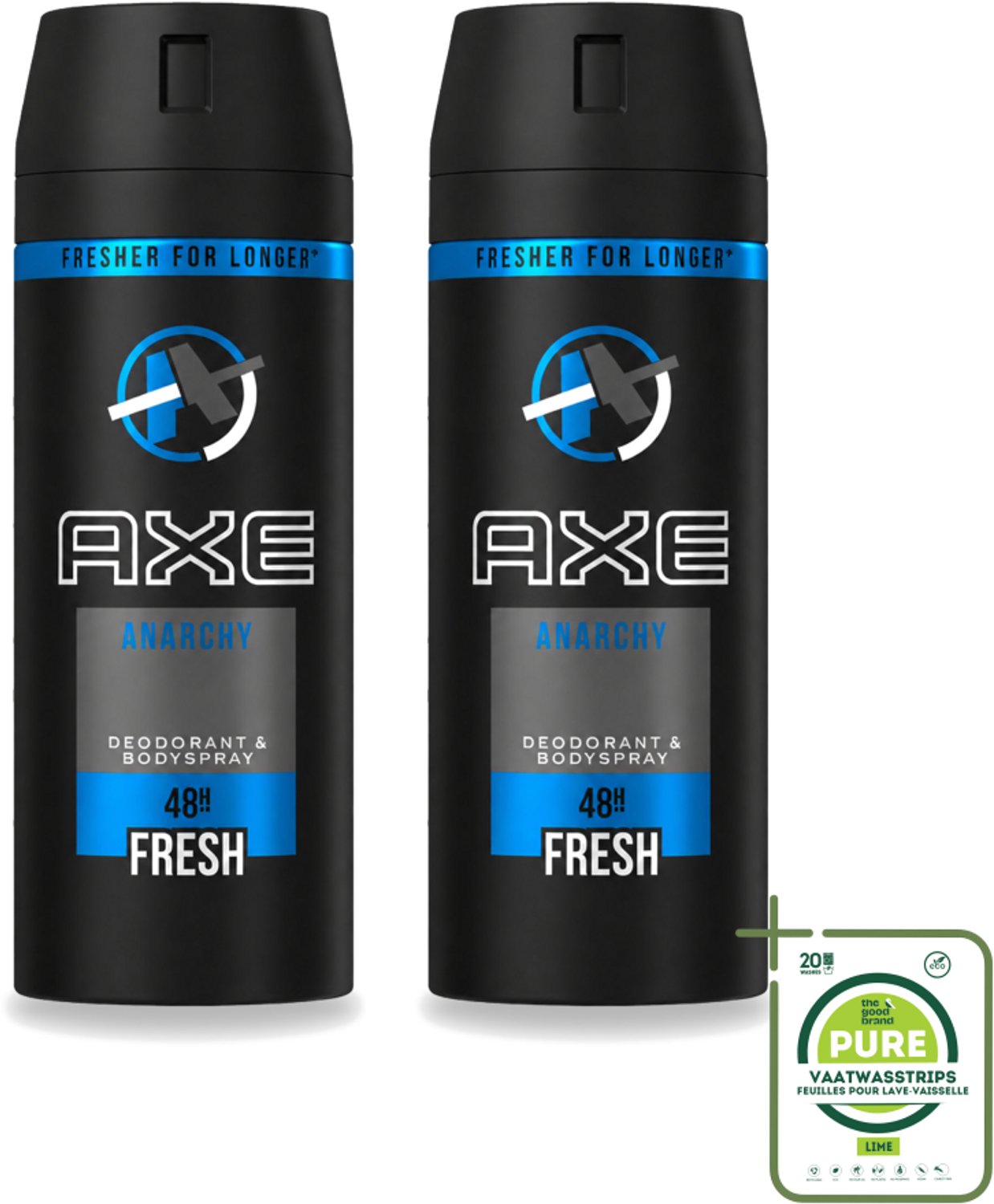 2 x Axe - Deodorant Bodyspray - 48hrs Fresh - Anarchy for Him - 150 ml - Grootverpakking - Vaatwasstrips - Deodorant - Bodyspray - Axe - Geur - Man