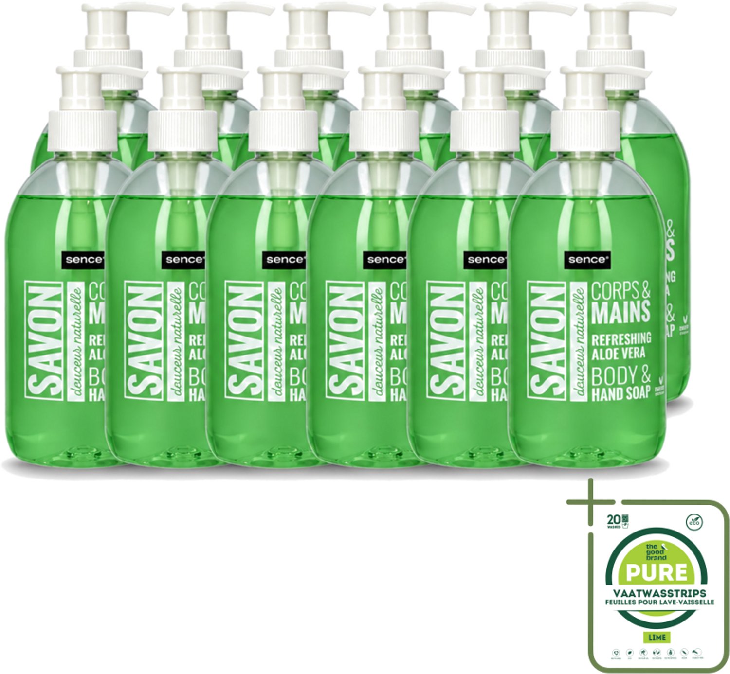 12 x Sence - Refreshing Aloe Vera - Handzeep - Savon - 500 ml - Grootverpakking - Vaatwasstrips - Aloe Vera Handzeep - Handverzorging - Frisse Handen - Hydraterende Handzeep - Mild Handzeep