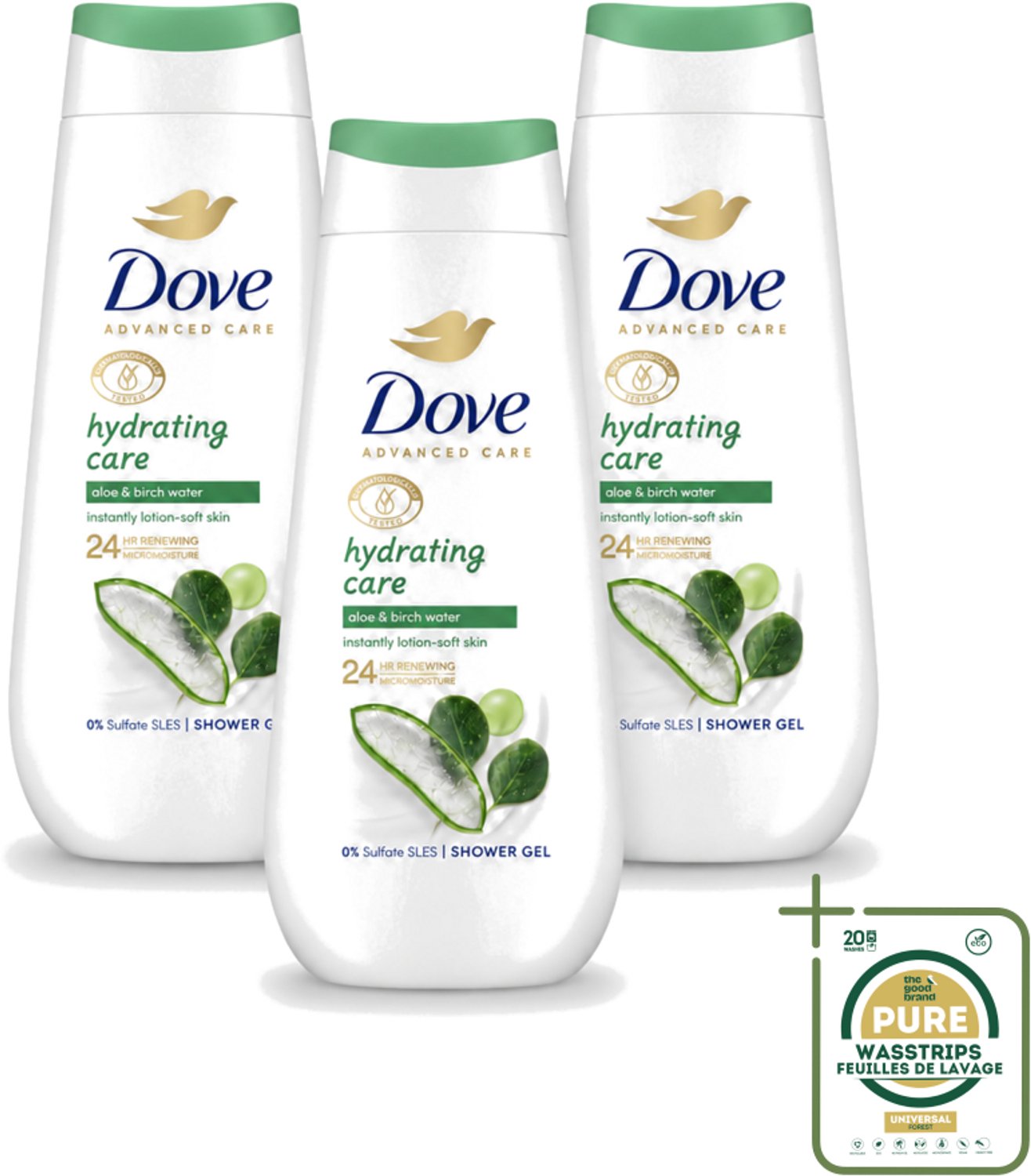 3 x Dove – Douchecrème – Hydrating Care – 225 ml - Wasstrips - Douchecrème - Hydratatie - Droge Huid - Aloë Vera - Berkenwater