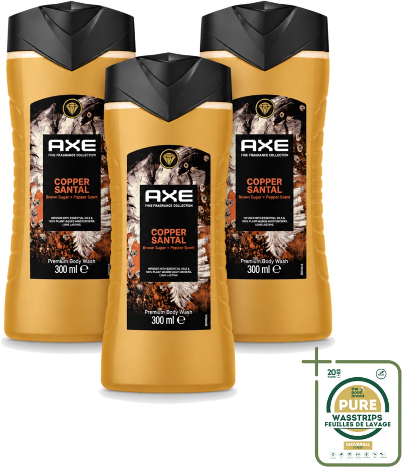 3 x Axe – Douchegel – Copper Santal – 300 ml - Wasstrips - Douchegel - Koper Santal - Warme Houtgeur - Mannelijke Geur - Huid Reinigen