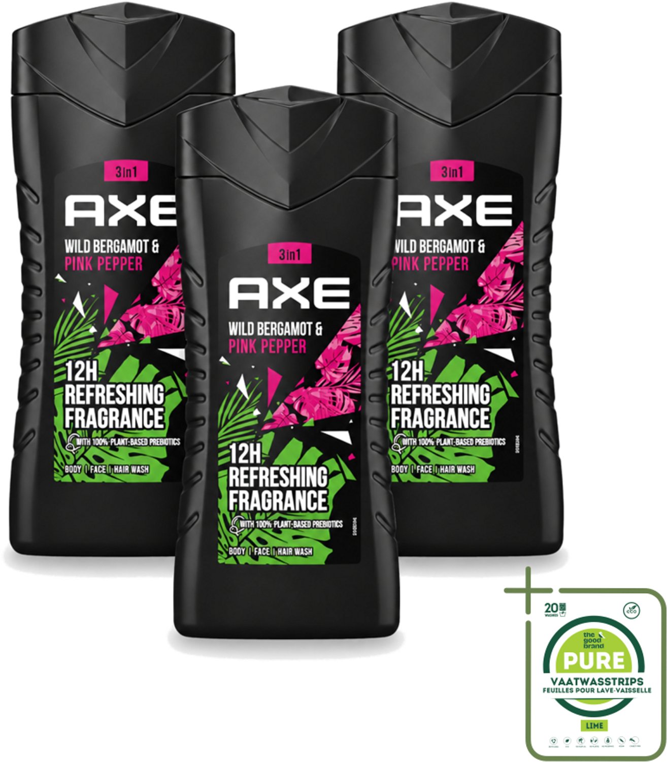 3 x Axe - 3-in-1 Douchegel - Wild Bergamot & Pink Pepper - 100% Plantaardig - 250 ml - Grootverpakking - Vaatwasstrips - Douchegel - Geur - Fris - Onweerstaanbaar - Lichaam