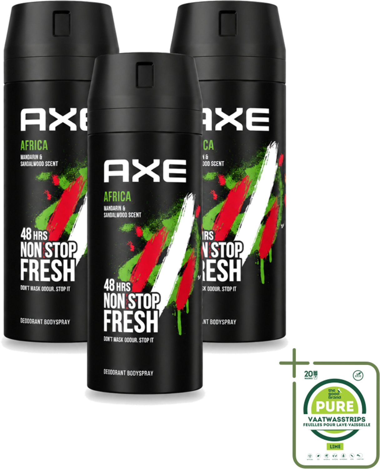 3 x Axe - Deodorant Bodyspray - 48hrs Non Stop Fresh - Africa - Mandarin & Sandalwood - 150 ml - Grootverpakking - Vaatwasstrips - Deodorant Sprayer - Geurbeheersing - Mandarijn En Sandelhout - Bodyspray - Geur Bescherming