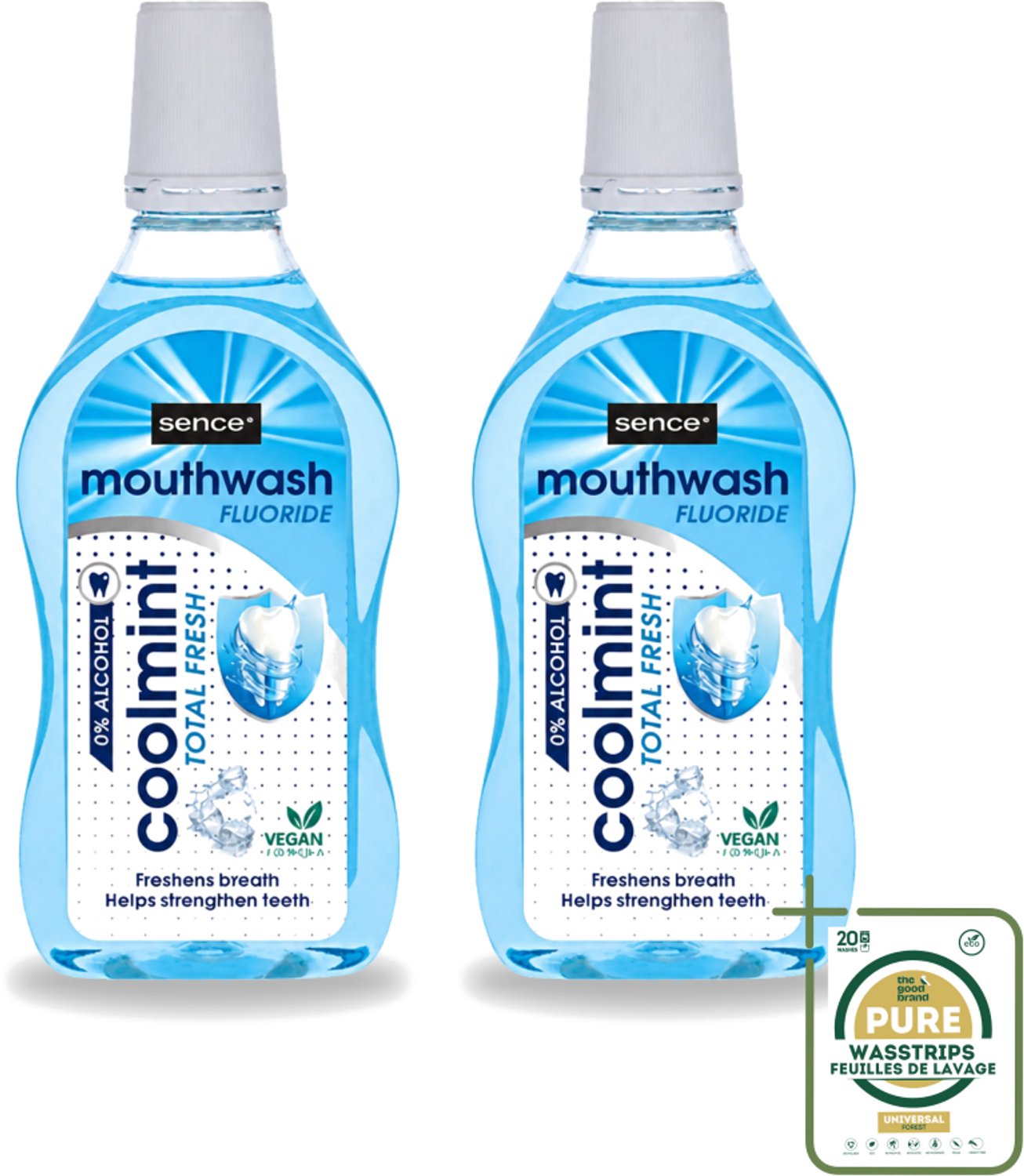 2 x Sence - Fresh Coolmint - Mondwater - Verfrissend - 500 ml - Wasstrips - Mondwater - Frisse Adem - Koele Mint - Fluoride - Gaatjes Voorkomen