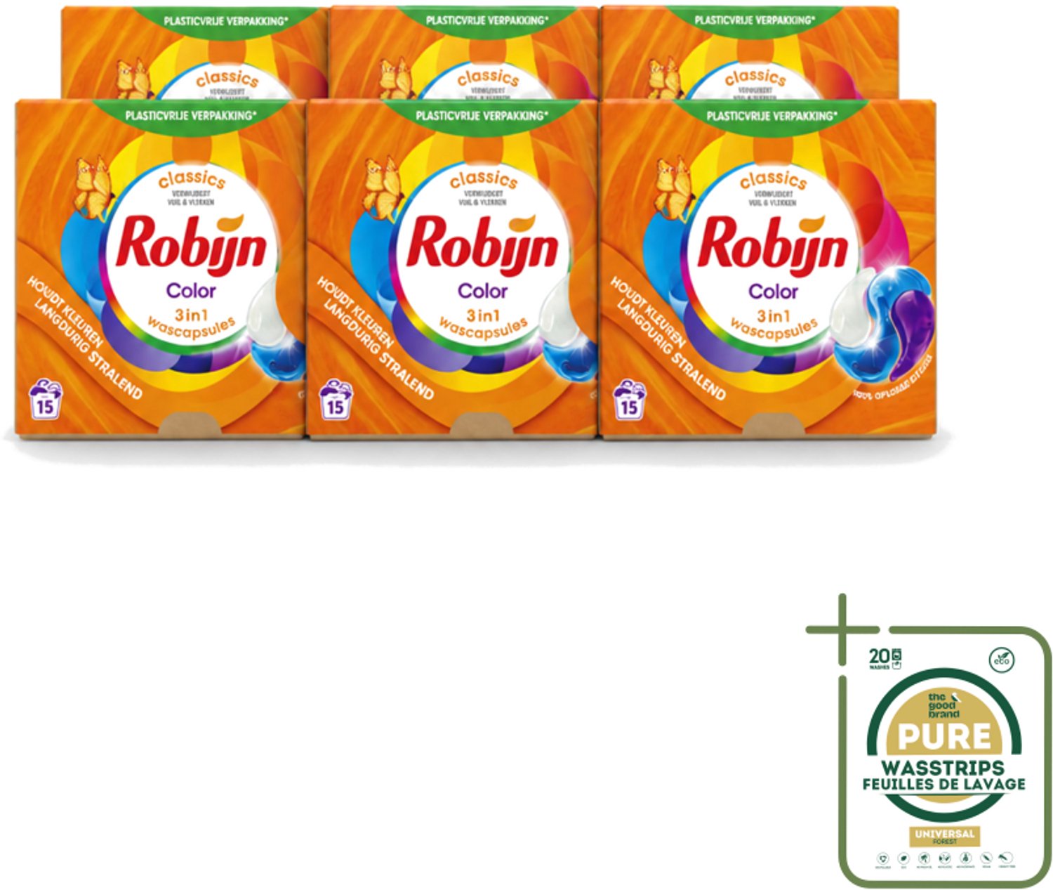 6 x Robijn – 3-in-1 Wascapsules – Color – 15 capsules - Wasstrips - Kleurbehoud - Wascapsules - Wasverzachter - Wasgeur - Biologisch Afbreekbaar