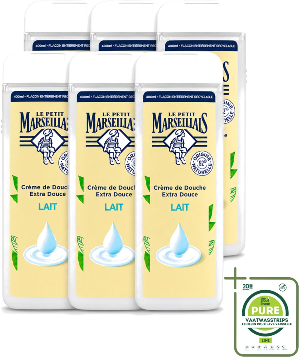 6 x Le Petit Marseillais – Douchecrème – Lait – 400 ml - Grootverpakking - Vaatwasstrips - Douchecrème - Huid Verzorging - Hydraterende Douchecrème - Zachte Huid - Natuurlijke Douchecrème