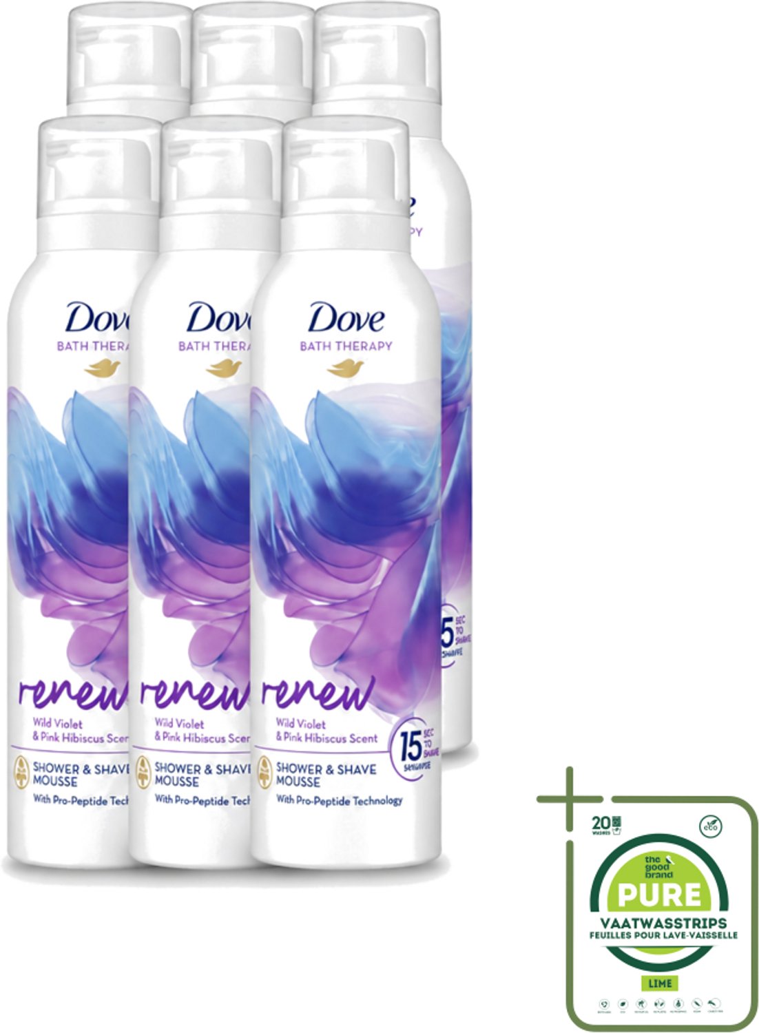 6 x Dove – Douche- & Scheerschuim – Bath Therapy Renew – 200 ml - Grootverpakking - Vaatwasstrips - Douche En Scheerschuim - Huidvernieuwing - Pro-peptide - Hydratatie - Luxe Douche