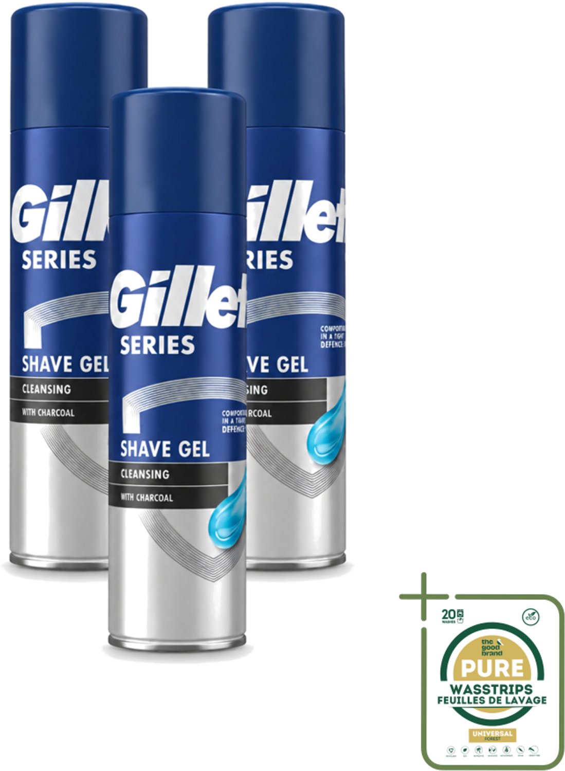 3 x Gillette Series - Scheergel - Cleansing - Charcoal - Verfrissend en reinigend - 200 ml - Wasstrips - Scheergel - Houtskool - Menthol - Reinigende Scheergel - Verfrissend