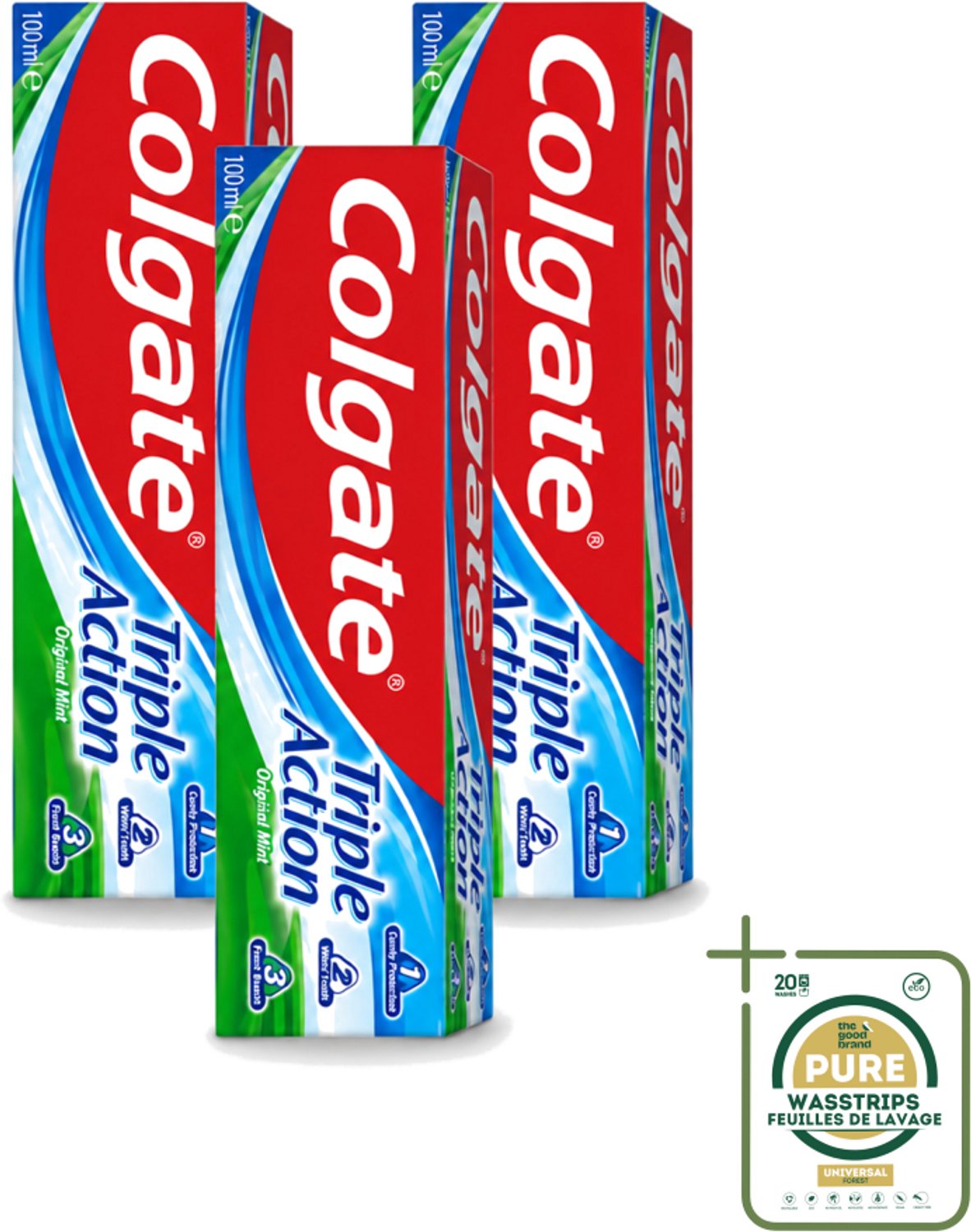 3 x Colgate - Triple Action - Original Mint - Tandpasta - 100ml - Wasstrips - Tandpasta - Gaatjesbescherming - Wittere Tanden - Frisse Adem - Mondverzorging