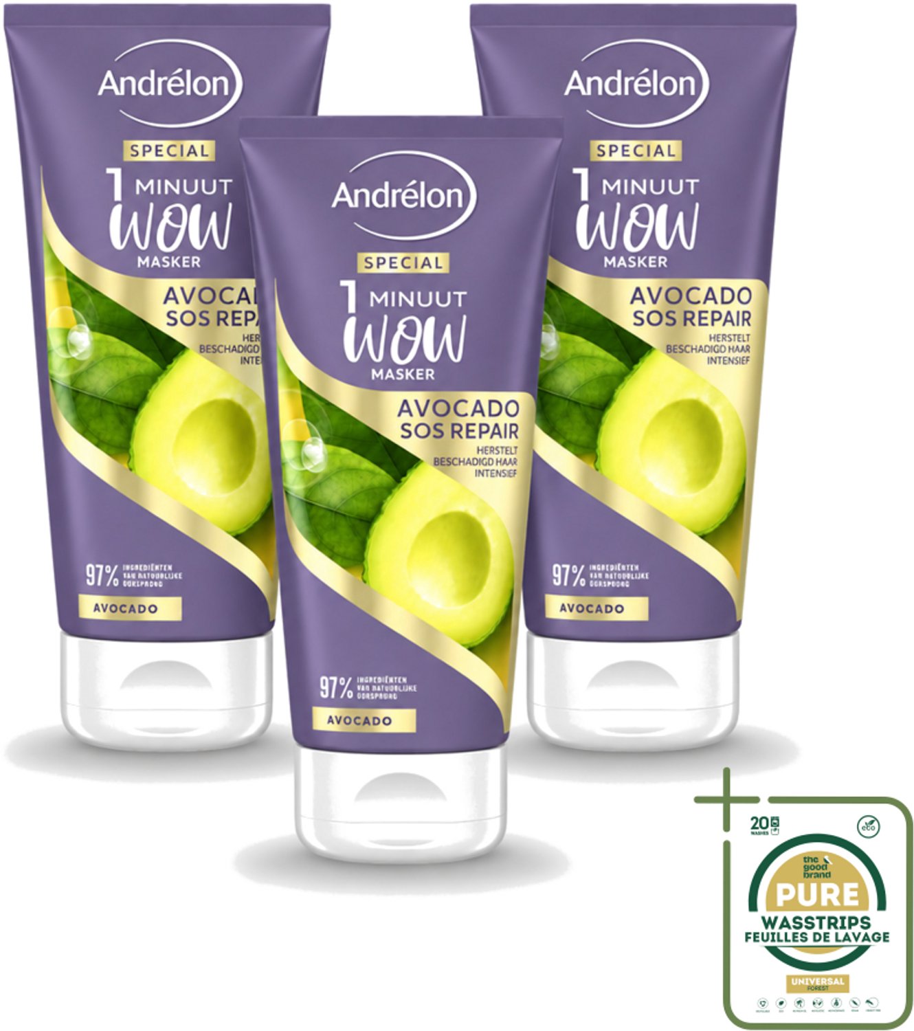 3 x Andrélon - 1 Minuut Wow Haarmasker - Avocado SOS Repair - 180 ml - Wasstrips - 1 Minuut Herstel - Beschadigd Haar Herstel - Avocado Haarmasker - Haarmasker 1 Minuut - Haarmasker Voor Beschadigd Haar
