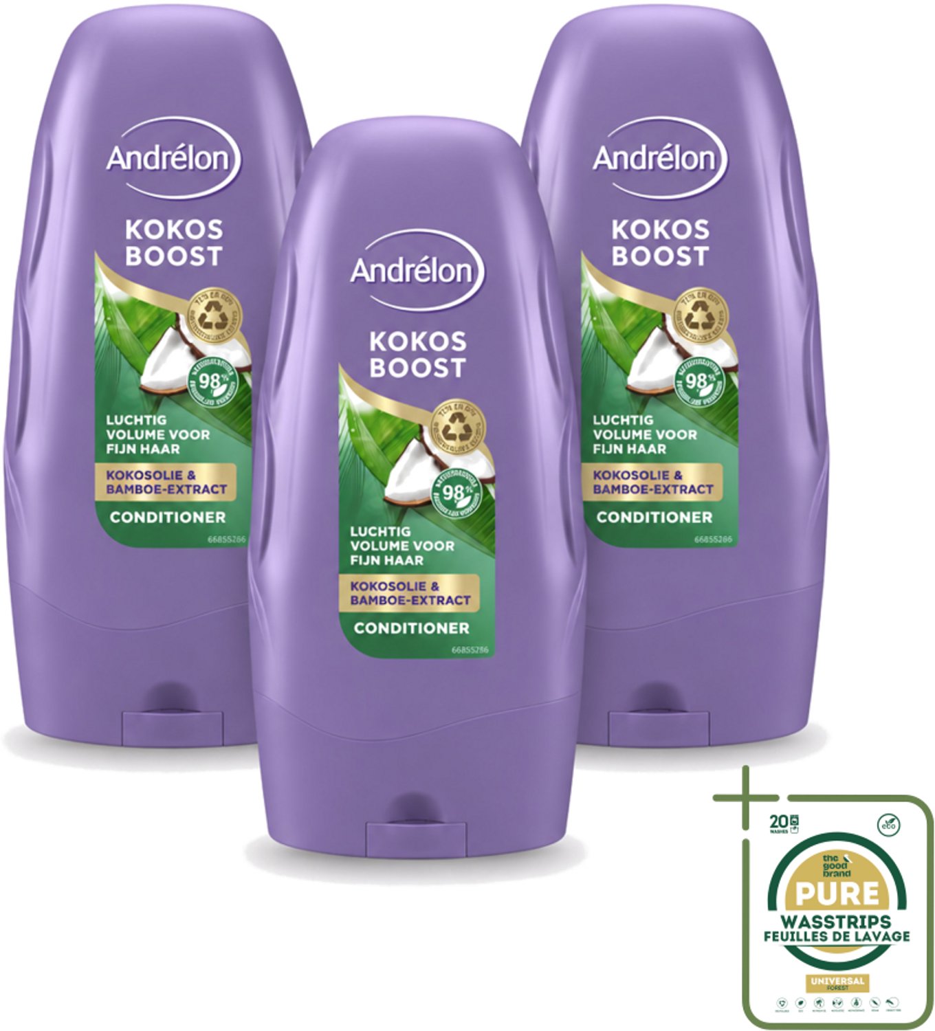 3 x Andrélon - Kokos Boost - Conditioner - Intensieve Voeding - 250 ml - Wasstrips - Fijn Haar - Volume - Voeding - Kokosolie - Bamboe-extract
