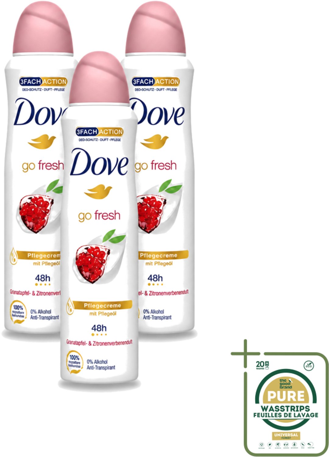 3 x Dove - Deodorant - Go Fresh Granaatappel - Frisse en fruitige geur - 150 ml - Wasstrips - Dove Go Fresh - Deodorant Spray - Anti-transpirant - Frisheid - Fruitige Geur