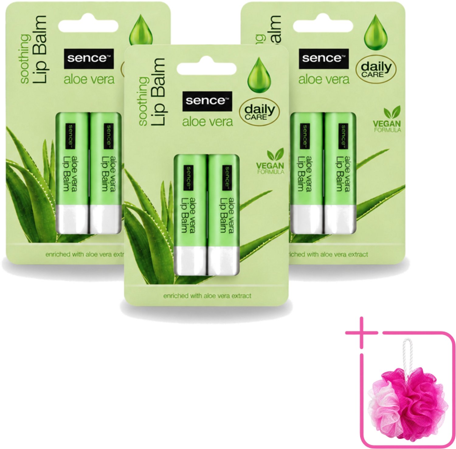 3 x Sence – Lippenbalsem – Aloë Vera – Verzorgend - Bulkverpakking - Lippenbalsem aloë vera - Douchemop - Droge lippen verzorgen