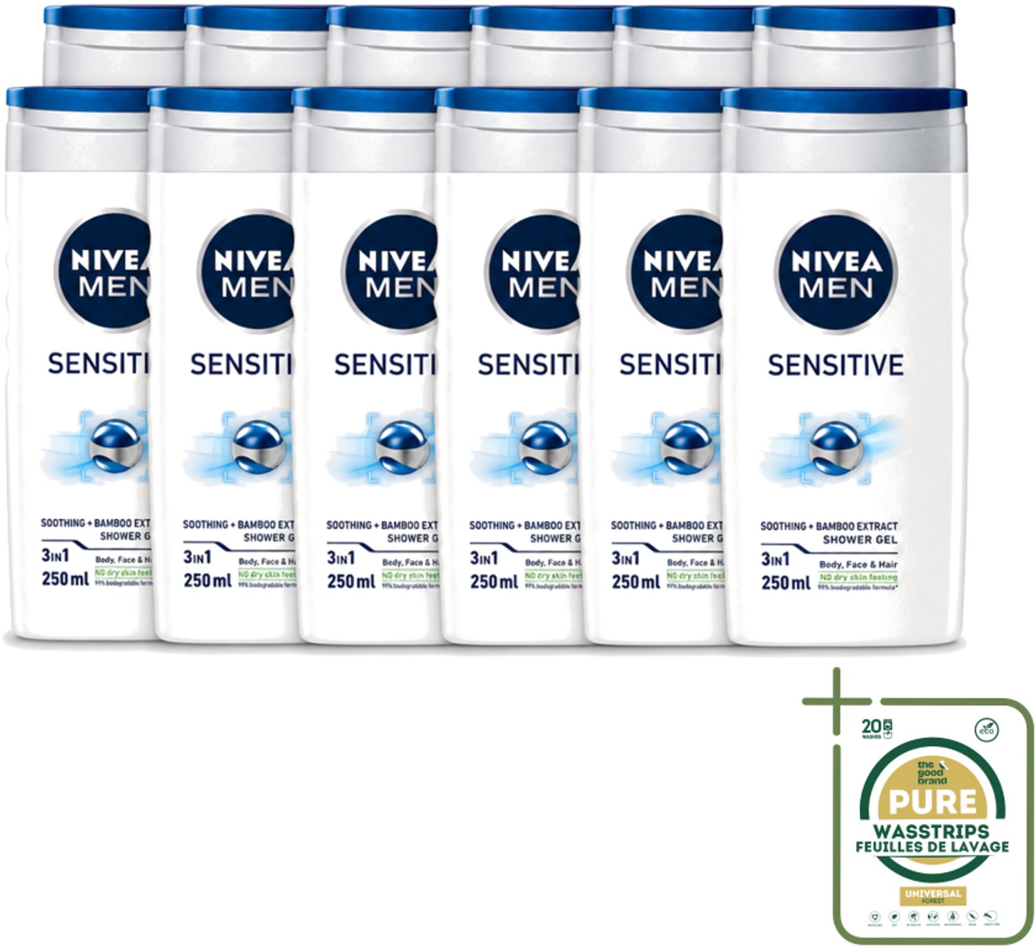 12 x Nivea - Men - Sensitive Douchegel - Hydraterend - 250 ml - Wasstrips - Gevoelige Huid - Douchegel - Hydraterend - Huidverzorging - Mannelijke Geur