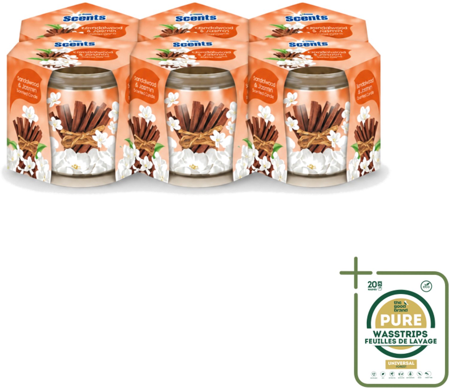 At Home 6 x At Home - Scents - Geurkaars - Sandalwood & Jasmin - 70 g - Wasstrips - Geurkaars - Sandelhout - Jasmijn - Thuisgeur - Rustgevende Geur Bruin