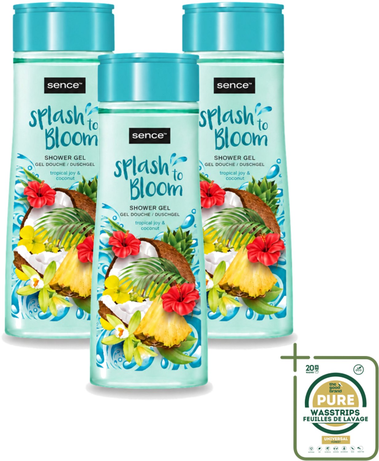 3 x Sence - Tropical Joy & Coconut - Douchegel - Exotisch - 300 ml - Wasstrips - Douchegel - Kokos - Tropisch Fruit - Exotische Geur - Huidverzorging