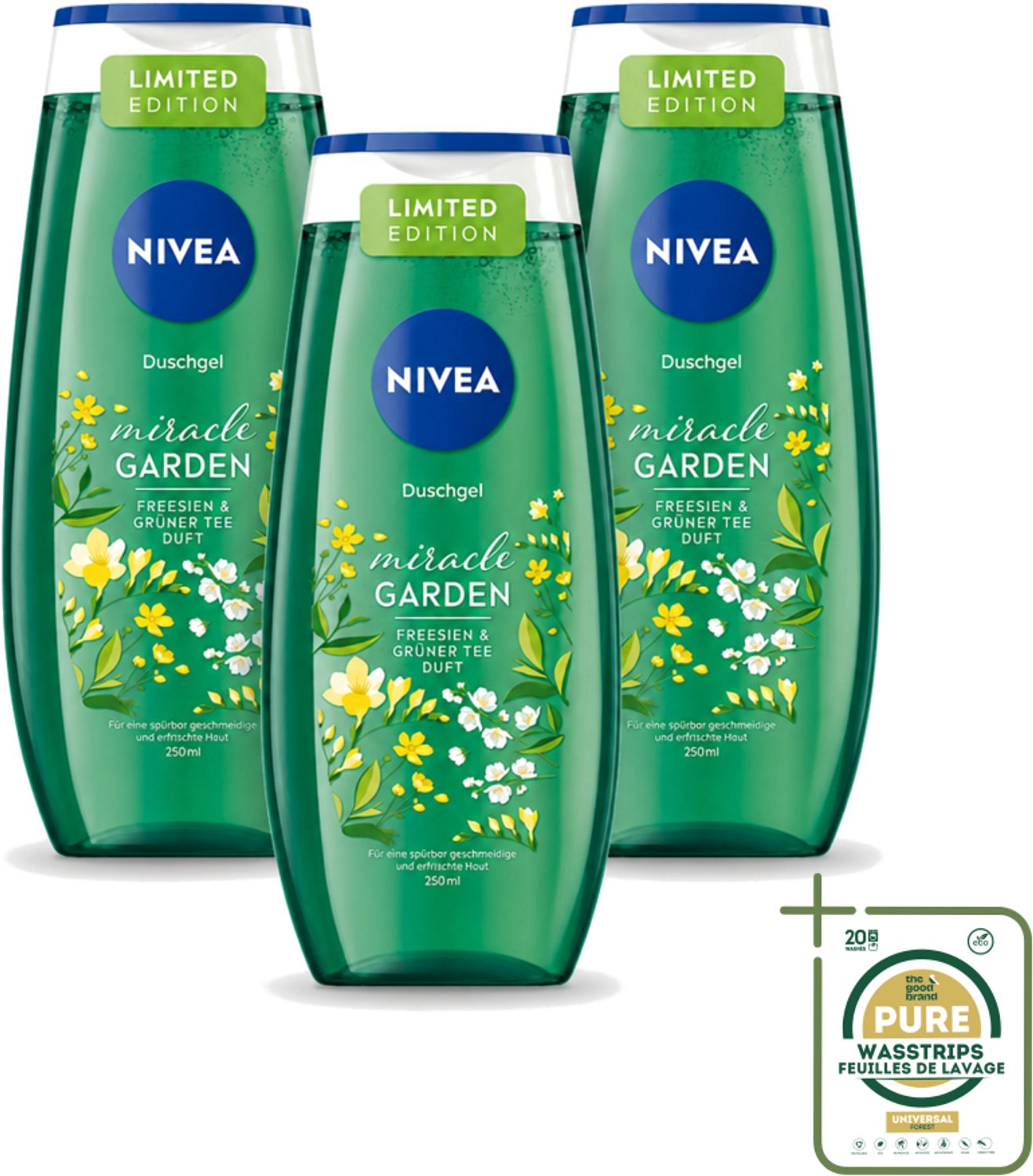 3 x Nivea - Douchegel - Freesia & Groene Thee - 250 ml - Wasstrips - Douchegel Freesia Groene Thee - Douchegel Voor Huidverzorging - Frisse Geur Douchegel - Hydraterende Douchegel - PH-huidneutraal
