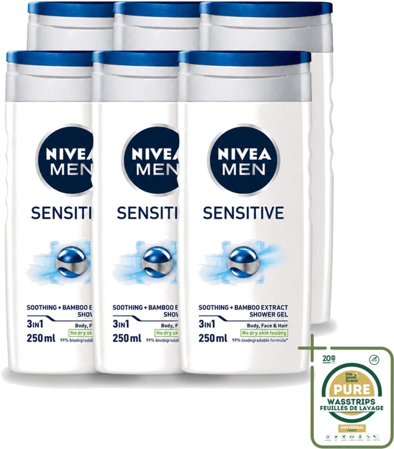 6 x Nivea - Men - Sensitive Douchegel - Hydraterend - 250 ml - Wasstrips - Gevoelige Huid - Douchegel - Hydraterend - Huidverzorging - Mannelijke Geur