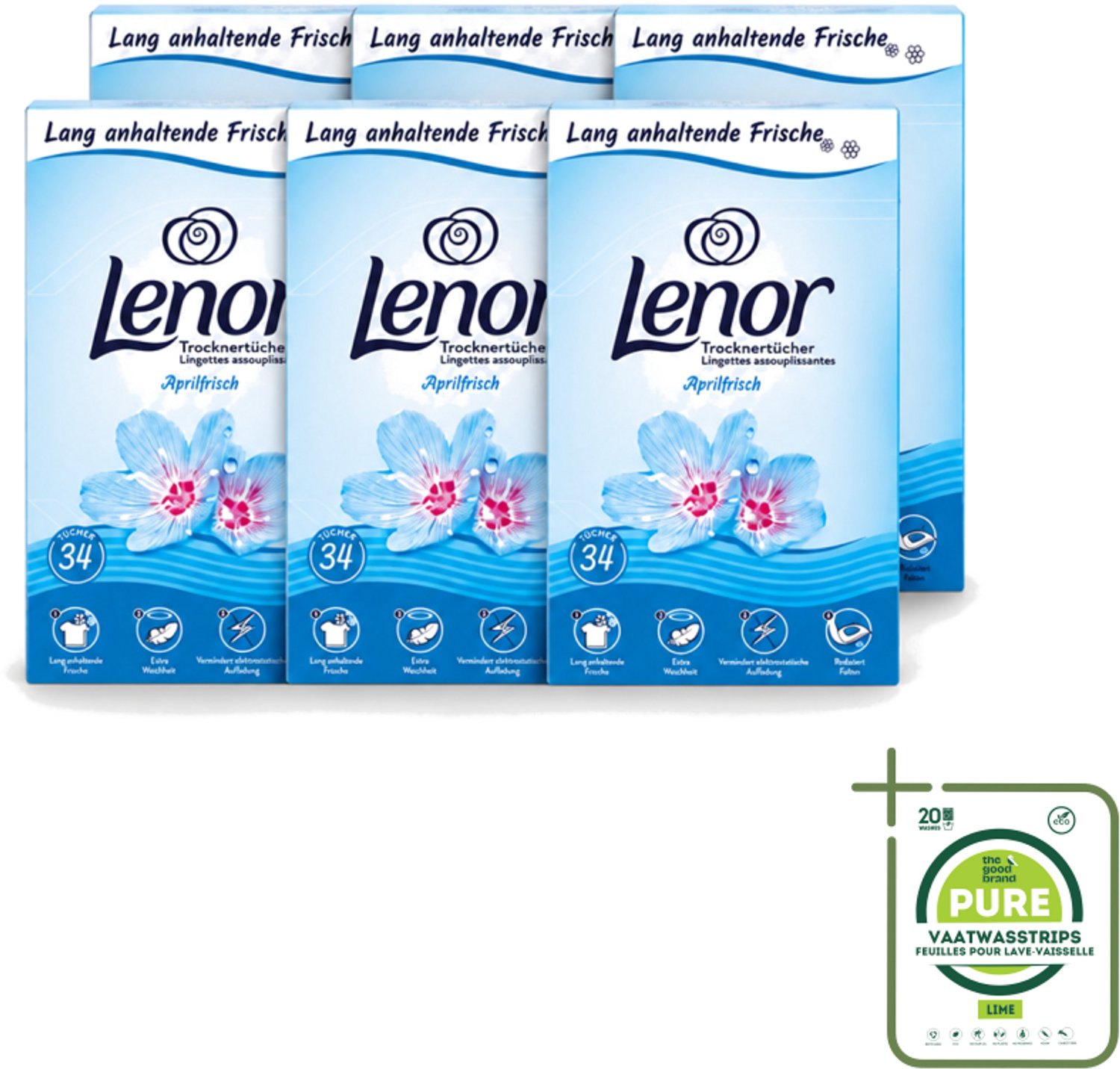 6 x Lenor - Droogtrommeldoekjes - Aprilfris - Textielverfrisser - 34 Doekjes - Grootverpakking - Vaatwasstrips - Droogtrommeldoekjes - Frisheid - Wasdoekjes - Statische Elektriciteit - Wasgoed