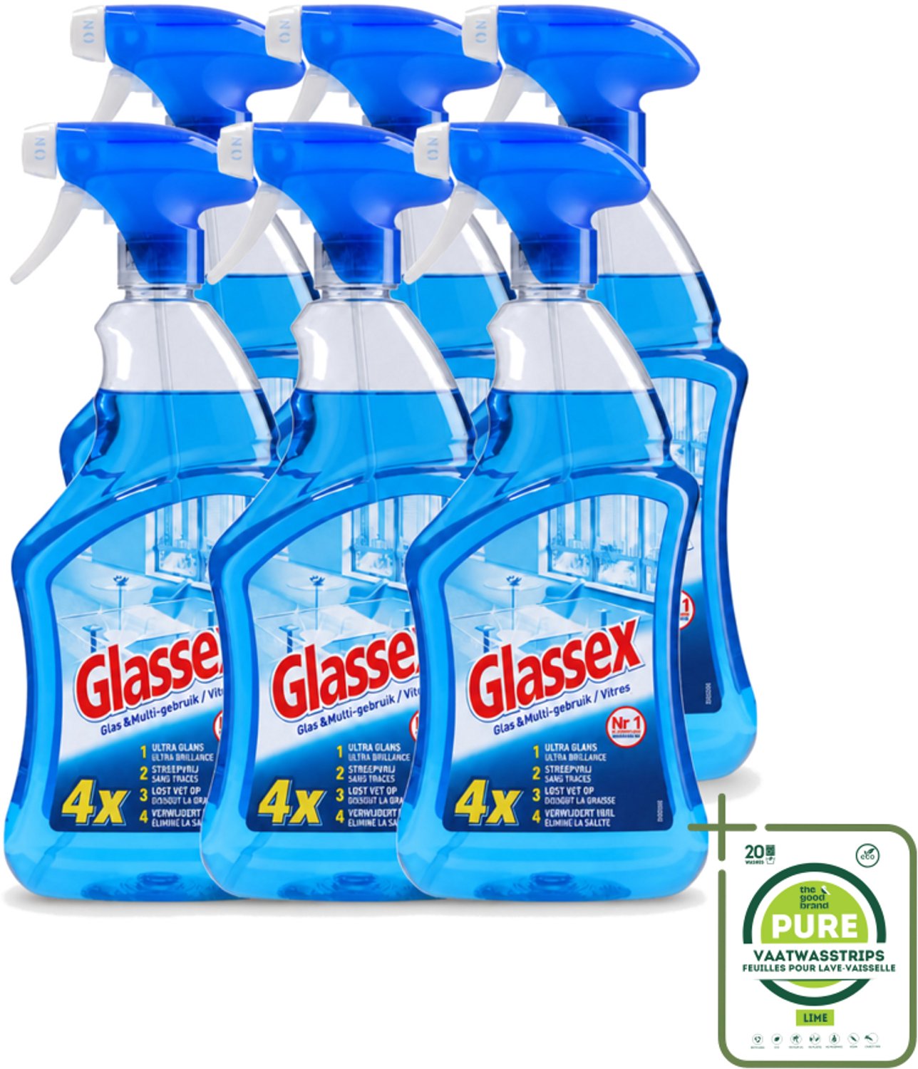 6 x Glassex - Glas & Multi Schoonmaak Spray - Voor Stralend Glas & Vlekken - 750 ml - Grootverpakking - Schoonmaken - Glas Reinigen - Spiegel Reinigen - Ramen Reinigen - Marmer Reinigen