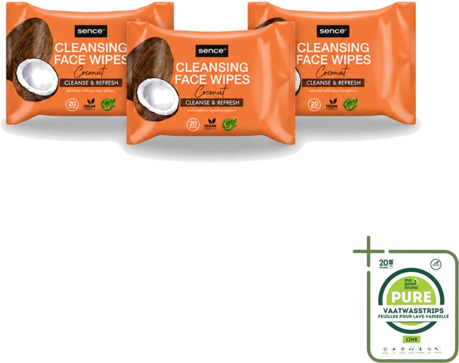 3 x Sence - Coconut - Gezichtsreinigingsdoekjes - Verzorgend - 20 Doekjes - Grootverpakking - Vaatwasstrips - Gezichtsreinigingsdoekjes - Kokos - Huidverzorging - Make-up Verwijderen - Hydrateren